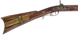 Tennessee Maid Longrifle,
.38 caliber, 38" barrel,
cherry, brass, percussion, 
by one of America's first replica longrifle makers
signed by Royland Southgate